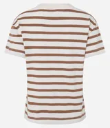 Remera manga corta de algodón de la marca Marfinno, con diseño de cuello redondo y estampado de rayas horizontales en color blanco y marrón.