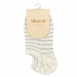 Soquete de tejido suave marca Mistral, de diseño a rayas horizontales grises sobre base beige, con ajuste cómodo.