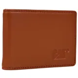 Billetera de cuero color marrón con diseño de doble pliegue y logo de la marca grabado en la parte frontal.