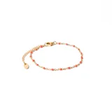 Pulsera dorada con cadena de eslabones y pequeñas cuentas redondas color coral.