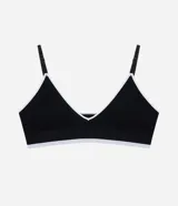 Soutien top seamless texturizado color marrón oscuro con detalles en rosado y ribete blanco, tirantes finos regulables y copas desmontables.