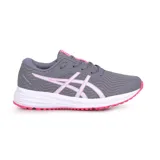 Championes Asics Patriot 12 grises con detalles en blanco y rosa. Diseñados para running, con capellada de malla transpirable, entresuela de EVA y suela de goma moldeada.