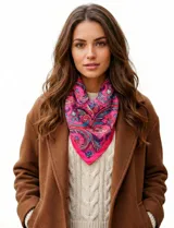 Pañuelo cuadrado de satén con estampado de arabescos en tonos fucsia, azul y violeta.