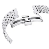 Reloj de pulsera Swarovski modelo Certa, fabricado en acero inoxidable con acabado plateado. Presenta una caja redonda de 30 mm con bisel engastado en cristales, esfera guilloché con índices de cristal en talla redonda y baguette, y brazalete de siete eslabones.