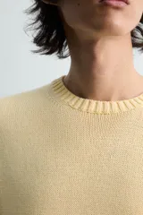 Jersey de punto color amarillo pálido, de corte relajado (relaxed fit), con cuello redondo y manga larga. Presenta acabados en rib en puños y bajo.