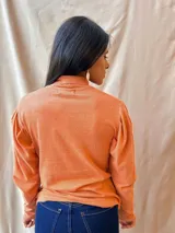 Polera color ladrillo con cuello alto y mangas largas abullonadas.