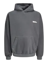 Hoodie gris con capucha, manga larga y calce oversize.