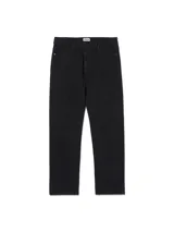 Pantalon de corte recto y diseño de cinco bolsillos, confeccionado en denim negro con cierre de cremallera y detalles de la marca.