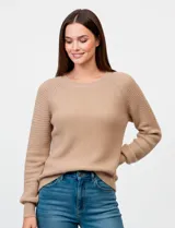 Buzo de tejido combinado marca Zac & Rachel en color blanco, con cuello redondo y mangas largas con diseño calado. Presenta un cuerpo con textura de punto acanalado.