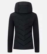 Campera acolchada Marfinno de color negro, con diseño matelassé en V en el frente y la espalda, mangas largas y laterales de tejido liso, capucha ajustable con cordón y cierre frontal de cremallera.