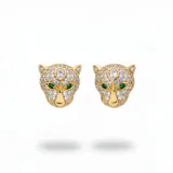 Caravanas en forma de cabeza de pantera, elaboradas en acero dorado con incrustaciones de zirconia blanca y ojos en color verde.