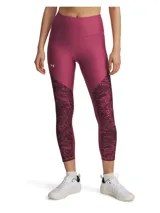 Calza capri Under Armour Tech para mujer, color borgoña con paneles laterales estampados.