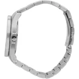 Reloj Maserati Sfida con caja de acero inoxidable de 44 mm y brazalete metálico plateado. Presenta una esfera degradada de azul a negro con índices luminiscentes, manecillas plateadas con segundero naranja, ventana de fecha a las 3 en punto y bisel giratorio negro. Movimiento de cuarzo con resistencia al agua de 100 metros.