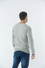 Sweater de punto con textura geométrica, color gris, de cuello redondo y manga larga. Presenta puños y ruedo acanalados con detalle de borde en color oscuro y logo bordado en el pecho.