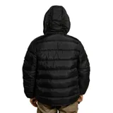 Campera puffer negra con capucha, cierre frontal y diseño acolchado con costuras horizontales. Cuenta con logo de la marca bordado en el pecho.