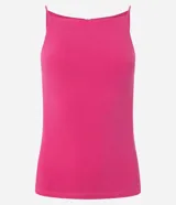 Blusa fucsia sin mangas confeccionada en algodón y elastano, con escote halter recto y tirantes finos elásticos.