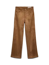Pantalón de gamuza marrón de tiro medio, con bolsillos laterales y corte recto.