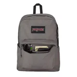 Mochila Jansport modelo Superbreak Plus, color gris liso, con un compartimento principal amplio y un bolsillo frontal con cierre. Presenta asa superior de tela y tirantes acolchados.