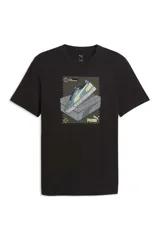Remera negra de manga corta con cuello redondo y estampa frontal que muestra un champión sobre su caja.