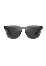 Lentes de sol con marco de acetato biodegradable en tono gris traslúcido y cristales oscuros. Presentan un diseño de estilo cuadrado con líneas modernas y bisagras ópticas premium.