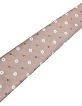 Corbata de seda azul marino con estampado paisley en tonos rosados y blancos.
