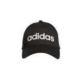 Gorro Adidas negro con logo blanco bordado en el frente, visera curva y cierre ajustable en la parte posterior.