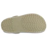 Zuecos Crocs modelo Crocband™ en color lila claro con plataforma blanca y una línea decorativa morada. Presentan el diseño clásico con orificios de ventilación y tira trasera ajustable.