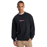 Buzo de cuello redondo Quiksilver, color negro, con diseño de logo bordado en el centro del pecho con detalles en rojo y blanco.