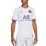 Camiseta de fútbol Nike del Paris Saint-Germain, modelo Stadium Home. Diseño blanco con detalles en azul marino y rojo en cuello y mangas. Incluye logo de Nike, escudo del club y sponsor ALL en el frente.