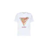 Remera blanca de manga corta con cuello redondo, confeccionada en algodón, con estampa frontal gráfica y logotipo de la marca Casablanca.