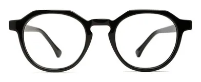 Armazón de gafas de acetato color negro, con forma panto ovalada y aplanada en la parte superior con ángulos geométricos.