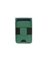 Billetera y soporte MagSafe de cuero genuino verde, con banda elástica negra central, diseñada para acoplarse al teléfono y almacenar tarjetas.
