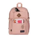 Mochila Jansport Main Campus color rosa con detalles en marrón.