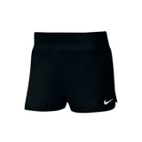 Short deportivo Nike de mujer, color negro, con cintura elástica y logo blanco estampado en la pierna derecha.