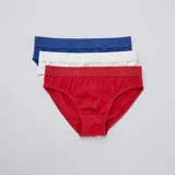 Pack de tres slips de algodón en color azul, gris y rojo.