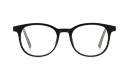 Armazón de anteojos recetados con marco de acetato en color negro mate y diseño redondeado.