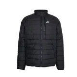 Campera puffer negra con cuello alto, cierre frontal completo y logo de Nike bordado en blanco en el pecho.