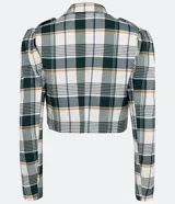 Blazer cropped con estampado de cuadros en tonos verde, blanco y marrón. Tiene cuello solapa, manga larga abullonada y cierre abotonado frontal.