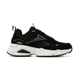 Championes deportivos Reebok modelo Charge Run, color negro con suela blanca de plataforma. Presentan un diseño robusto con paneles de malla y gamuza, y el logo de la marca en el lateral.
