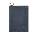 Billetera azul de cuero sintético con costuras a tono y logo de la marca en la esquina inferior derecha.