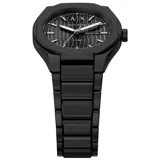 Reloj de pulsera Armani Exchange modelo Sync, totalmente en color negro, con caja de 42mm, esfera texturizada con indicador de día y fecha, y malla de eslabones de acero inoxidable.