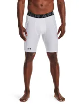 Calza corta de compresión Under Armour, color blanco, con cintura elástica ancha con logo de la marca y bolsillo lateral Strength Pocket.