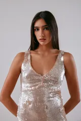 Vestido largo de tul con bordado de lentejuelas transparentes, escote en V y tajo en el bajo trasero. Está forrado.