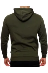 Canguro Puma de color verde militar, con capucha ajustable mediante cordón, bolsillo tipo canguro en la parte delantera y el logotipo de la marca estampado en el pecho en tonos naranja y gris.