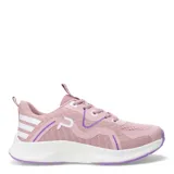 Championes deportivos de mujer con diseño de malla transpirable en color gris claro, detalles en violeta y líneas decorativas en fucsia. Cuenta con suela blanca con base violeta y cierre de cordones.