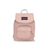 Mochila JanSport Highlands Mini Pack color rosa con logo de la marca en el frente. Tiene un compartimento principal, un bolsillo frontal con cierre y acceso rápido con cordón ajustable.