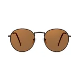 Lentes de sol con armazón metálico fino de color oscuro y forma redonda. Los cristales son de color marrón.