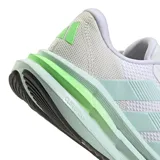 Championes de running Adidas Galaxy 7 para mujer, color blanco con detalles en verde menta y suela en tono menta claro. Presentan las tres franjas características de Adidas en los laterales.