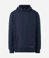 Hoodie Get Over de color azul marino, con capucha ajustable, bolsillo estilo canguro en el frente, mangas largas y puños y ruedo de rib acanalado. Cuenta con una pequeña etiqueta rectangular decorativa en la parte inferior.