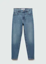 Jeans mom-fit de tiro alto, color azul claro con efecto deslavado, diseño de cinco bolsillos, presillas para cinturón y cierre frontal con cremallera y botón.